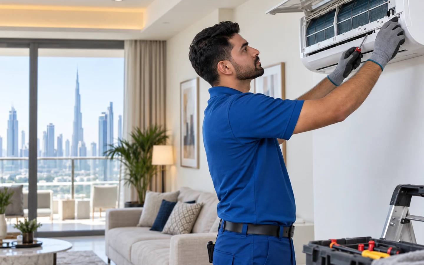 Technician servicing an air conditioner in a Dubai apartment