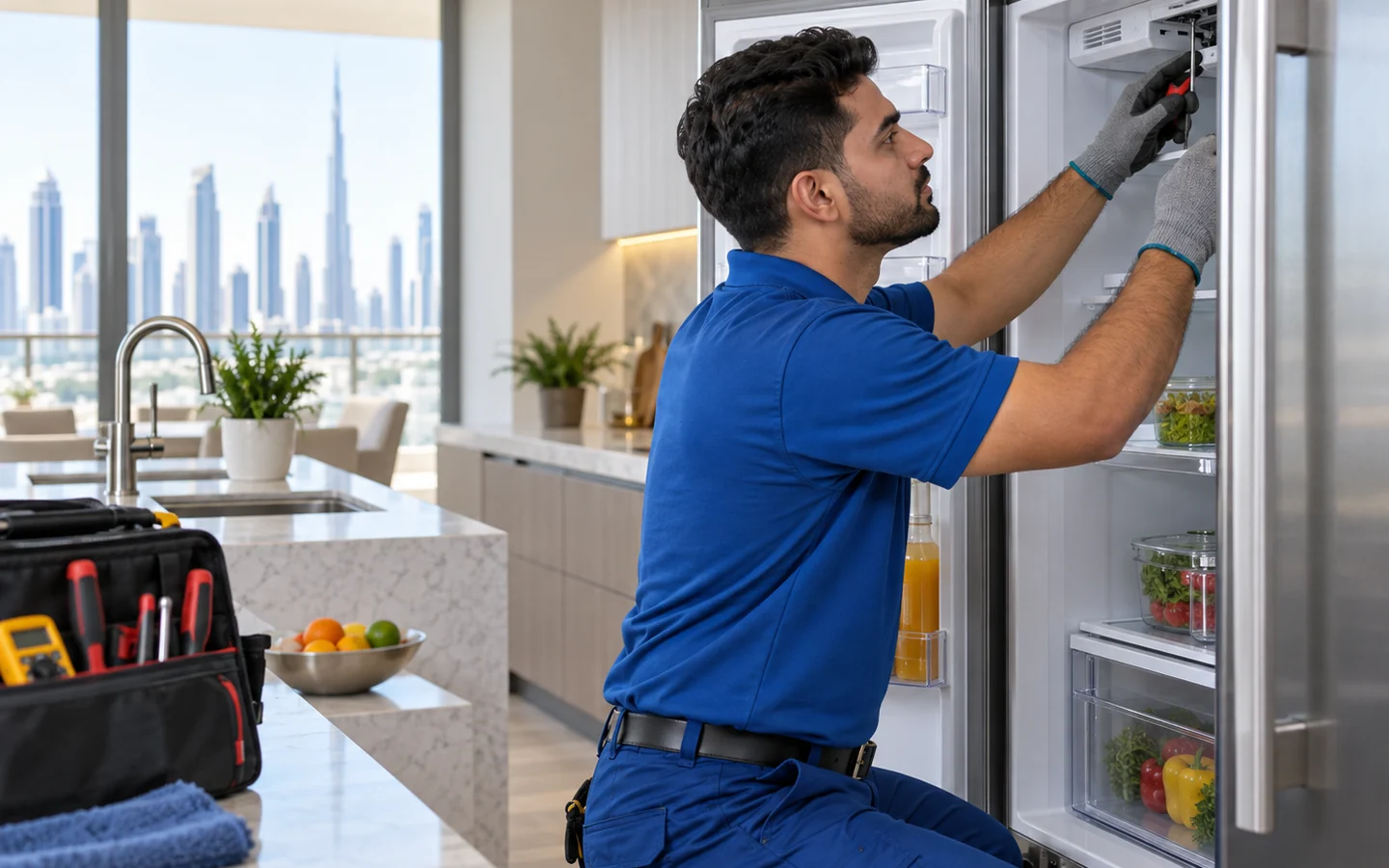Technician repairing a refrigerator in a Dubai kitchen